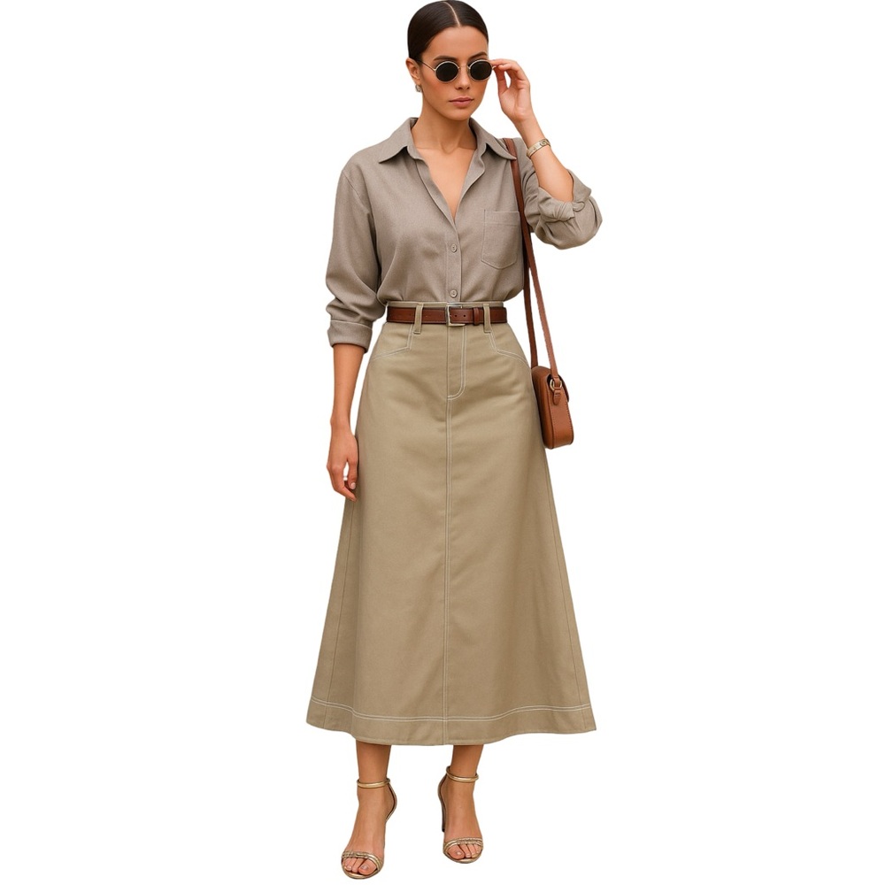 Cotton Khaki Tan A-line Maxi Skirt Elegant White Stitching Old Money Office - Picture 1 of 11
